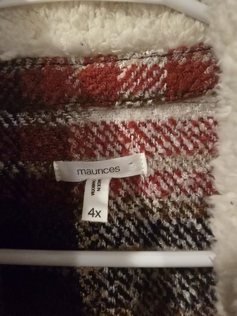 Maurices Plaid Sherpa Collar Long Cardigan Jacket - Brown & Red Plaid Sz 4X - Picture 8 of 8